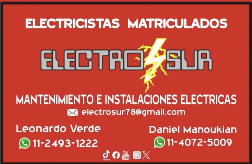 Tarjeta de Electro Sur: electricistas matriculados, mantenimiento e instalaciones eléctricas. Contactos Leonardo Verde y Daniel Manoukian.
